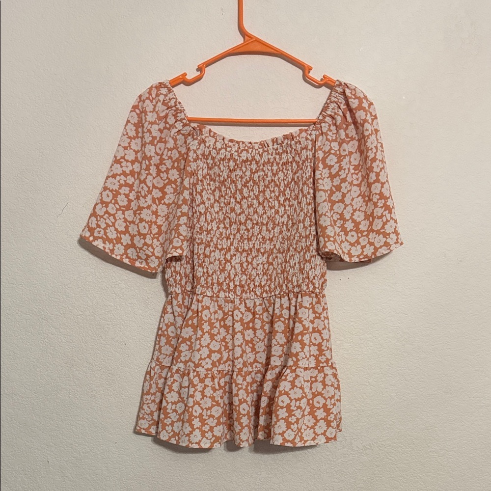 Floral Smocked Off-Shoulder Tunic in Peach